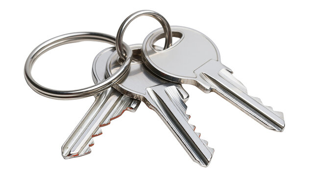 Set of three silver metal keys on a keyring