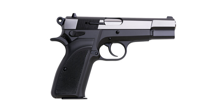 Black and silver semi-automatic handgun with textured grip