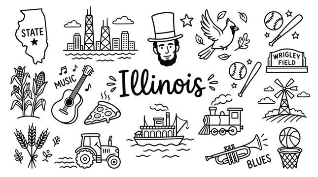 Illinois doodles illustration featuring landmarks, food, and culture representing Chicago&rsquo;s skyline, Route 66, and Midwestern heritage
