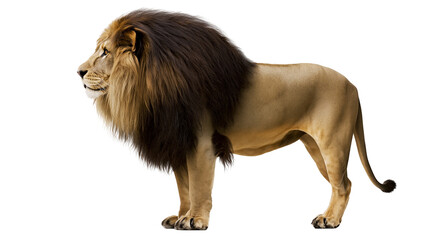 Majestic male lion with dark mane standing profile view © Michal