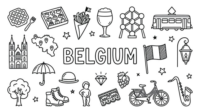 Belgium doodles illustration featuring cultural icons, landmarks, and cuisine representing European heritage, art, and lifestyle