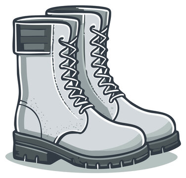 Pair of rugged gray lace up combat boots illustrated in a cartoon style