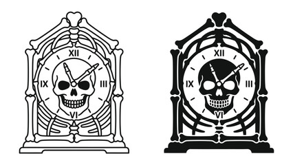 Skeleton Clock Design: An artistic representation of a clock styled with a skull face and skeleton bone frame, presented in both line art and silhouette form, offering a macabre yet striking design. © Sara