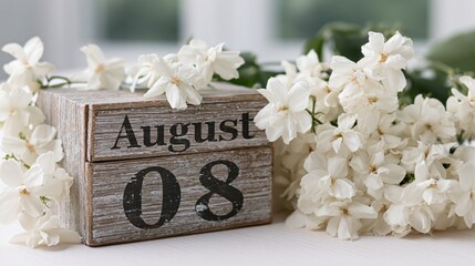 Wooden Calendar Showing the Date of August 8th. Day 8 of August month
