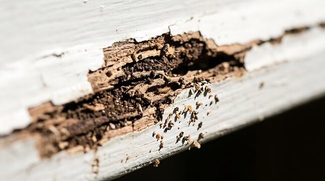 Close-up of severe termite damage on a white painted wooden surface showing tunnels and wood decay caused by wood-destroying insect infestation