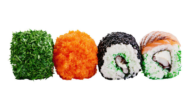 Four assorted sushi rolls with green herbs orange roe black sesame seeds, and salmon
