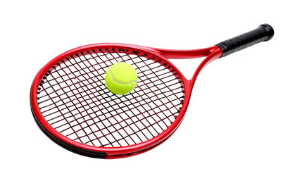 Red tennis racket with yellow ball on strings © Isabel