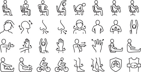 Obraz premium Office stretches and desk exercises line icon set for workplace wellness