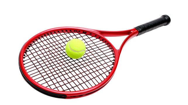Red tennis racket with yellow ball on strings