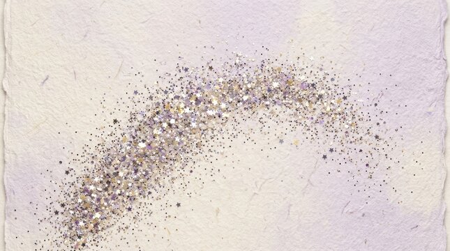 Sparkling gold and silver star glitter cascade on textured paper creating delicate shimmering arc with soft shadow and pastel tones evoking celebration and elegance