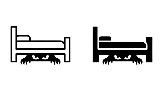 Monster Under The Bed Icon: Two stylized icons depict a bed with a lurking monster underneath, its eyes peeking out with a mischievous or menacing gaze, representing childhood fears or the unknown.