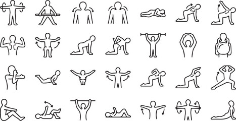 Obraz premium Physical therapy and spine stretching exercises line icons set. Back pain relief, yoga poses, and body rehabilitation linear vector symbols