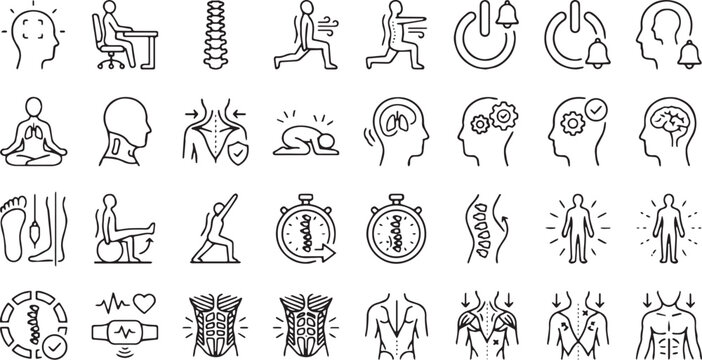 Ergonomics, posture correction, and spine health line icons set. Mental wellness, physical therapy stretching, and stress relief linear vector symbols.