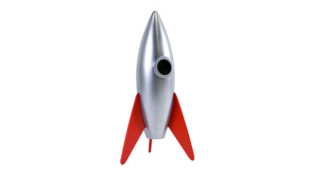Retro silver rocket with red fins and window