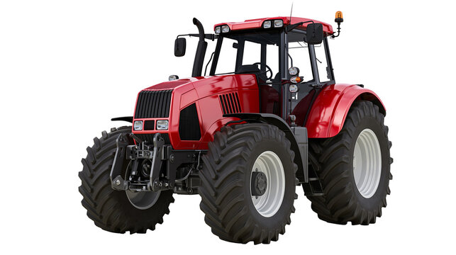 Red tractor with large tires and cab