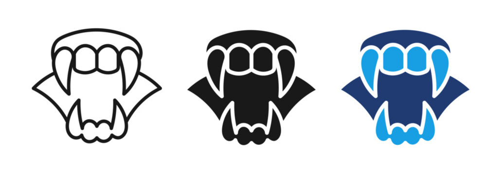 Halloween Vampire Fangs Icon Set Vector, Dracula Teeth, Vampire Mouth, Horror Line Solid Color Illustration