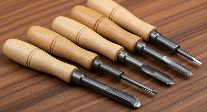 Woodworking Tools Chisels and Gouges arranged on a wooden table for craftsmanship.