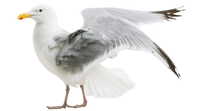White seagull with spread wings and grey feathers