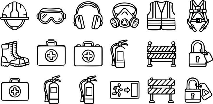 Vector safety icons set including hard hat, goggles, ear protectors, gas mask, first aid kit, fire extinguisher, lock, barrier, and warning signs for industrial or construction site usage and protecti
