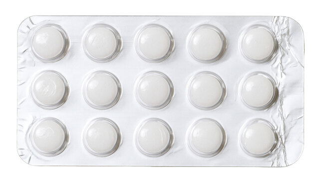 Fifteen white round pills in blister pack