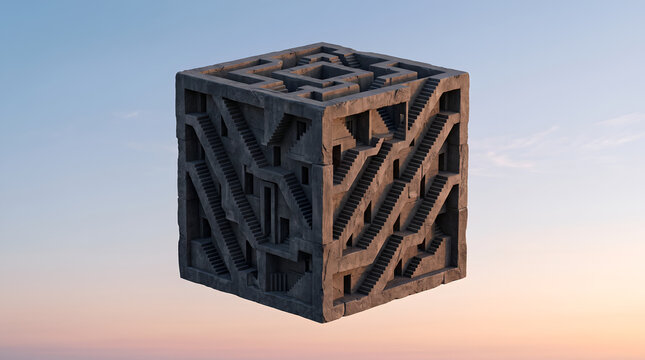 Surreal floating concrete cube maze with complex geometric staircases at sunset, generative AI