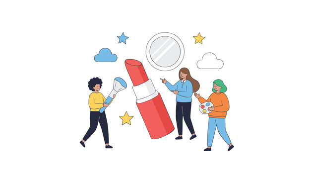Stylists and artists using various makeup accessories to decorate a giant lipstick container for a beauty and fashion promotion concept.