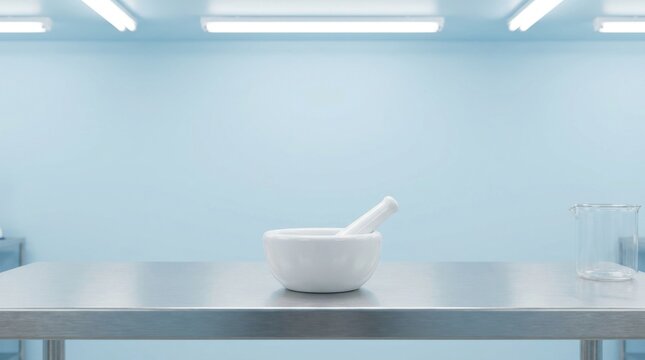 White mortar and pestle with a glass beaker sitting on a stainless steel table in a bright blue laboratory setting