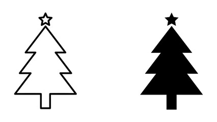 Obraz premium Christmas Tree Icons: A set of two Christmas tree icons, one outlined in black and white and the other a solid black silhouette, both topped with a star, perfect for festive graphic design.