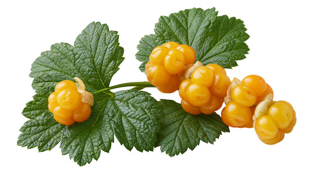 Ripe orange cloudberries with green leaves
