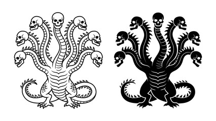 Monstrous Hydra with Skull Heads: A fearsome, multi-headed mythical creature, the Hydra, stands proudly, each serpent head topped with a menacing skull. © Sara