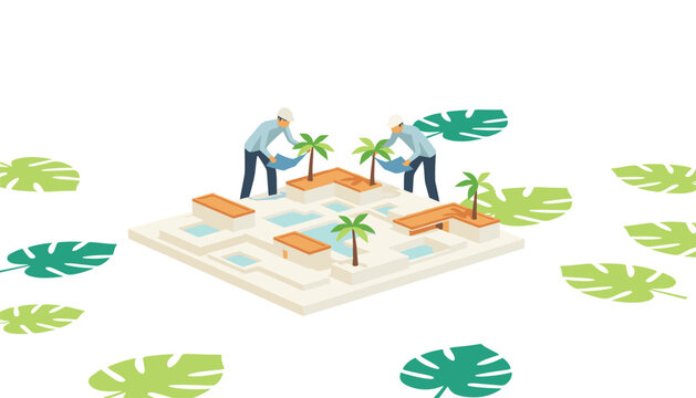 Isometric illustration showing architects or planners designing a modern tropical resort with swimming pools and palm tree landscaping details.