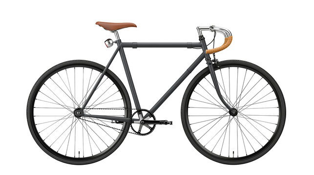 Dark gray fixed gear bicycle with brown leather seat and handlebars