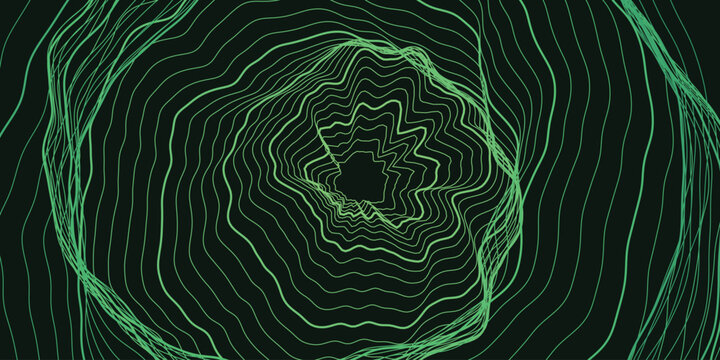 Abstract green topographic line background. Digital wave tunnel vector. Futuristic organic contour map for tech design.