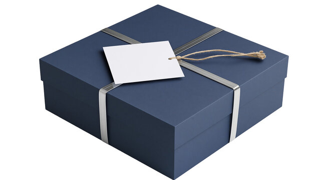 Dark blue gift box with silver ribbon and blank tag