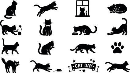 Obraz premium A collection of sixteen diverse black cat silhouettes in various playful and resting poses arranged in a clean grid format on a white background surface.