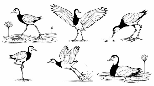 Comb-crested Jacana bird set, black and white ink line art