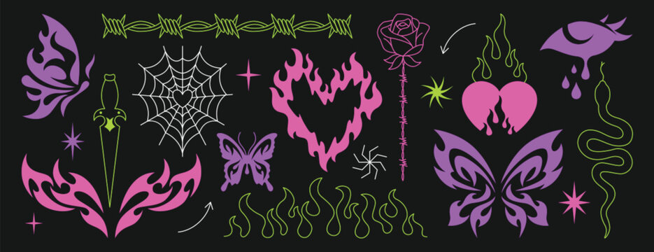 Cyber goth sticker set featuring barbed wire heart spiderweb and stars vector