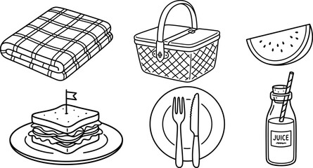 A collection of hand-drawn picnic themed vector line art elements featuring a checkered blanket, wicker basket, watermelon slice, sandwich, plate with cutlery, and juice bottle. © RAC.Design-Magic