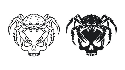 Spider and Skull: A striking graphic illustration featuring a spider with its menacing claws gripping a human skull, presented in both outline and solid black versions. © Sara