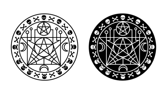 Mystical Seal of the Occult: Two circular emblems, one black and one white, display intricate occult symbols including a pentagram, moons, and skulls.