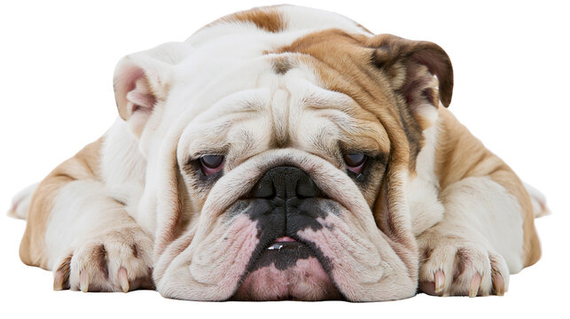 English Bulldog lying down with sad expression