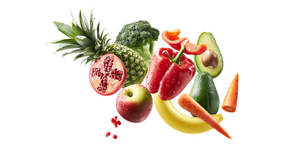 Assorted fresh fruits and vegetables including pineapple pomegranate apple banana broccoli bell peppers avocado, and carrots © Isabel