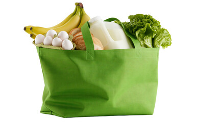 Green tote bag filled with groceries bananas eggs bread milk, and lettuce © Isabel