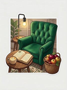 Cozy reading nook with green tufted armchair book and coffee
