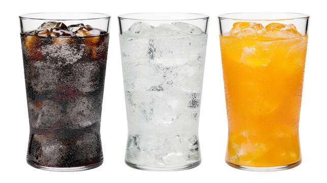 Three glasses of cold drinks with ice cubes and condensation