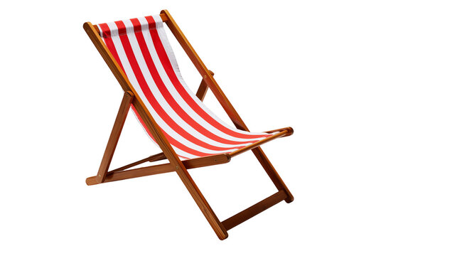 Red and white striped deck chair with wooden frame