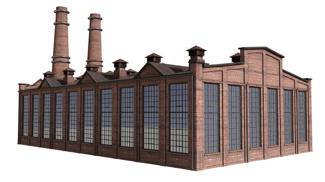 Old brick factory building with tall chimneys and large windows