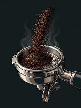 Fresh ground coffee falling into a metal portafilter