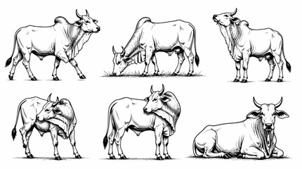 Fototapeta premium Zebu cattle in various poses, farm animals