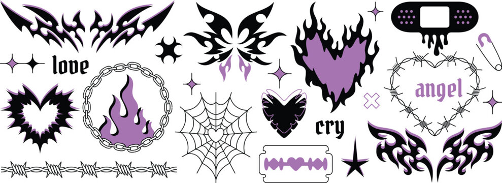 Y2k gothic element tattoo pack with tribal flames hearts and butterfly vector